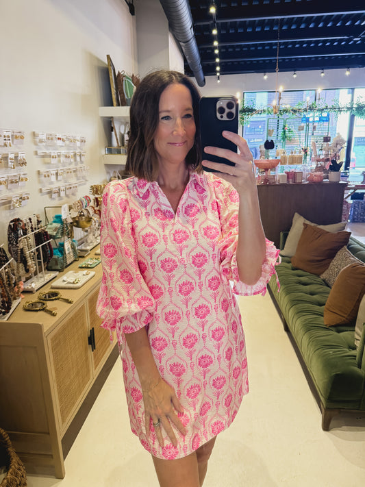 The Pink Floral Print Ruffle Sleeve Dress