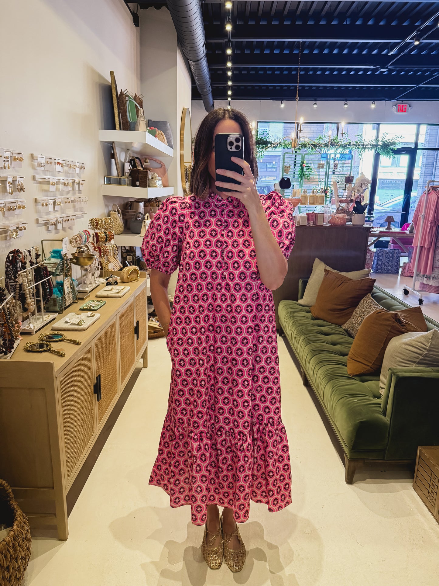 The Pink Printed Puff Sleeve Midi Dress