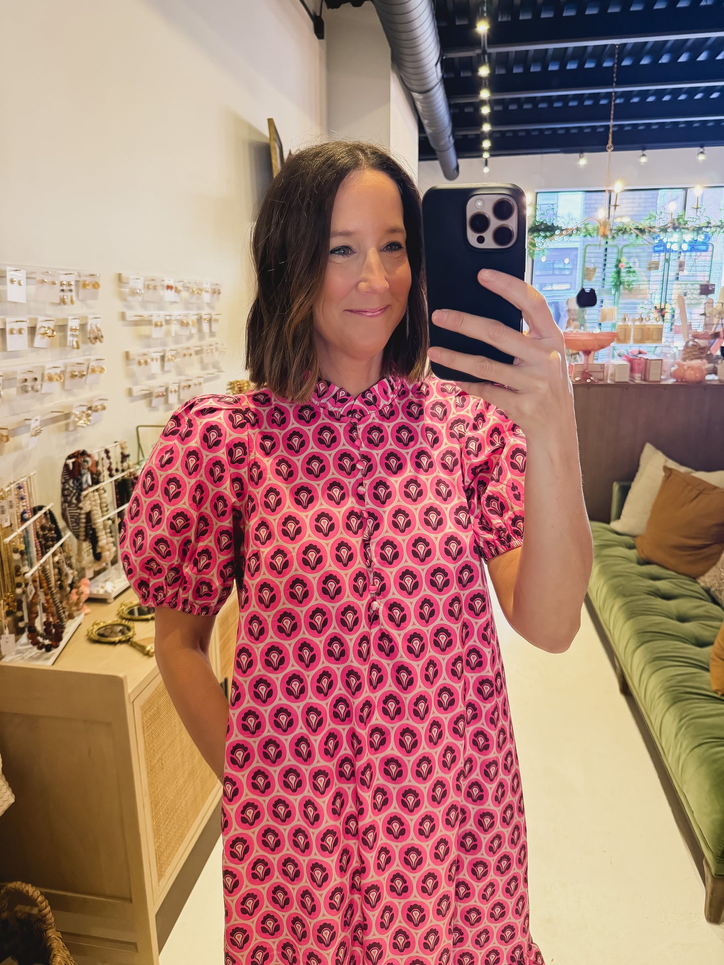 The Pink Printed Puff Sleeve Midi Dress