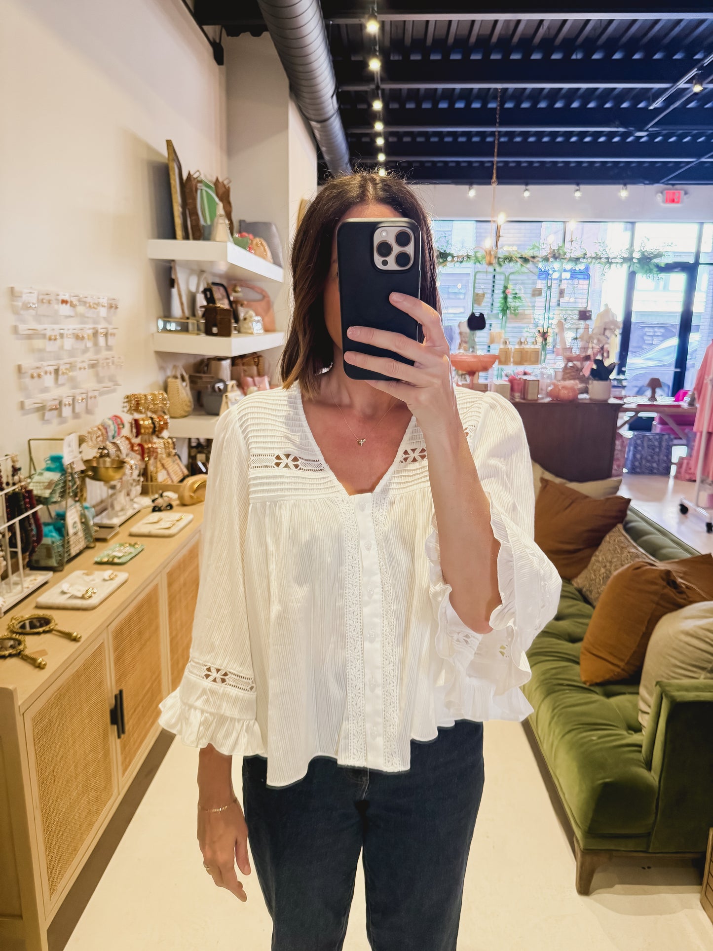 The White Lace Detail Ruffle Sleeve Blouse