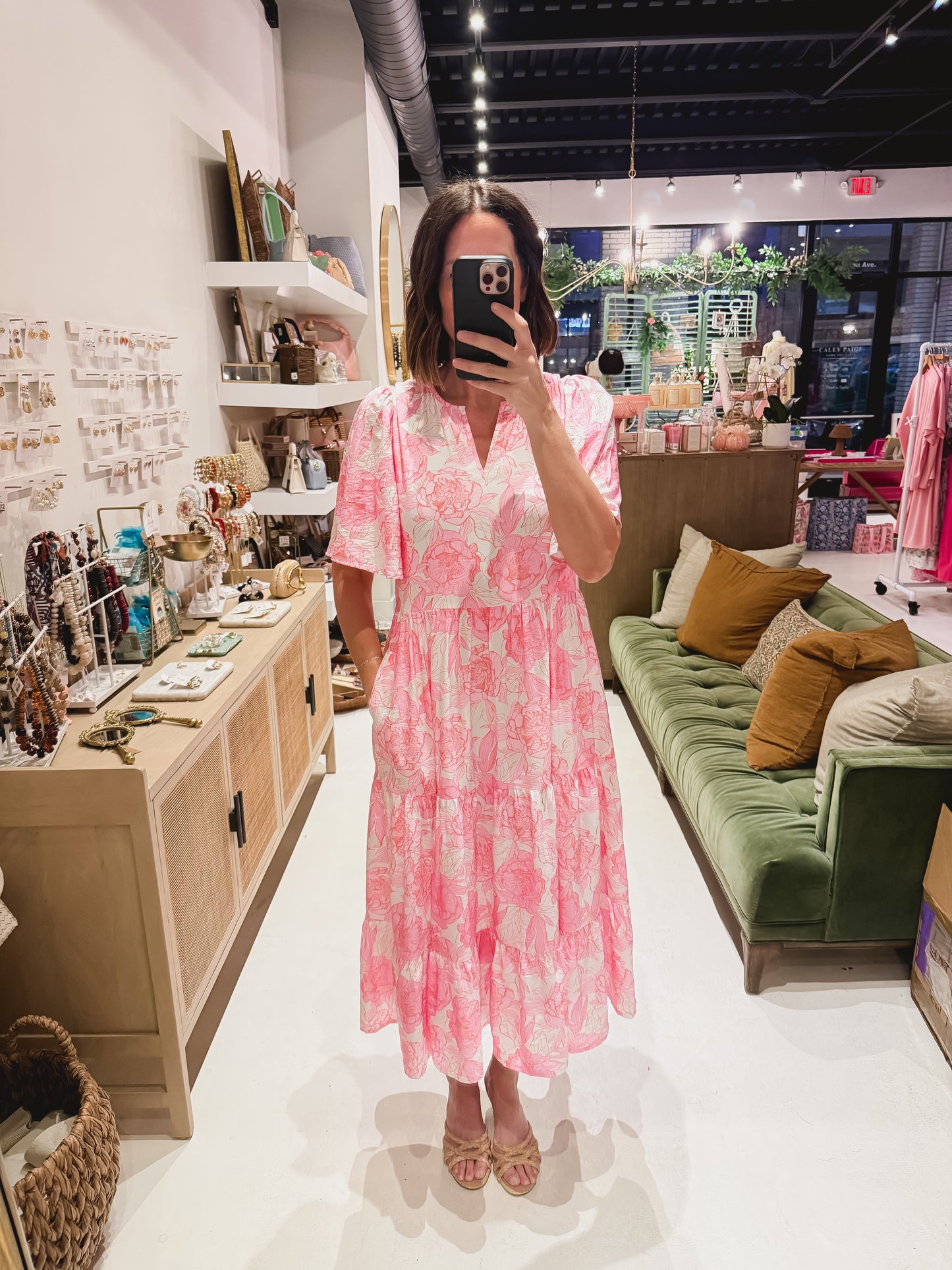 The Pink Floral Tiered Midi Dress