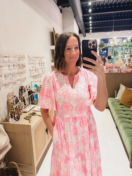 The Pink Floral Tiered Midi Dress