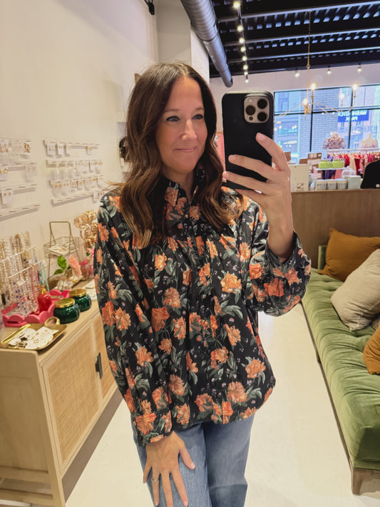 The Honey Flora Blouse in Black and Orange