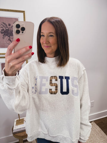 Jesus Patchwork Mock Neck Oversized Sweatshirt