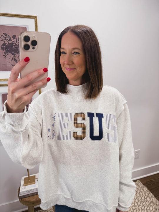 Jesus Patchwork Mock Neck Oversized Sweatshirt