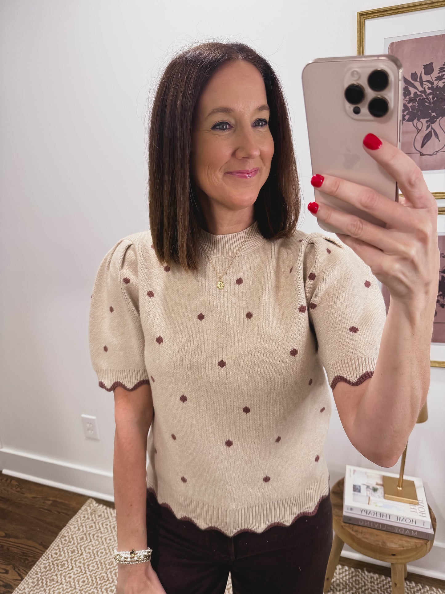 Short Sleeve Polka Dot Scalloped Sweater Top