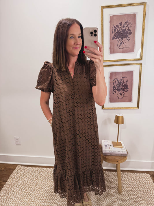 Meadow Eyelit Midi Dress in Chocolate Brown