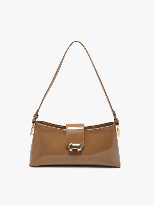 Caracas High Gloss Shoulder Bag w/ Flapover Snap Closure In Taupe