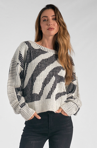 Off White and Black Printed Crew Neck Sweater