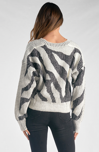 Off White and Black Printed Crew Neck Sweater