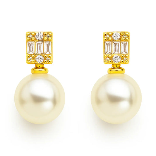 Pearl and Baguette Cz Stud Earrings - Gold Plated