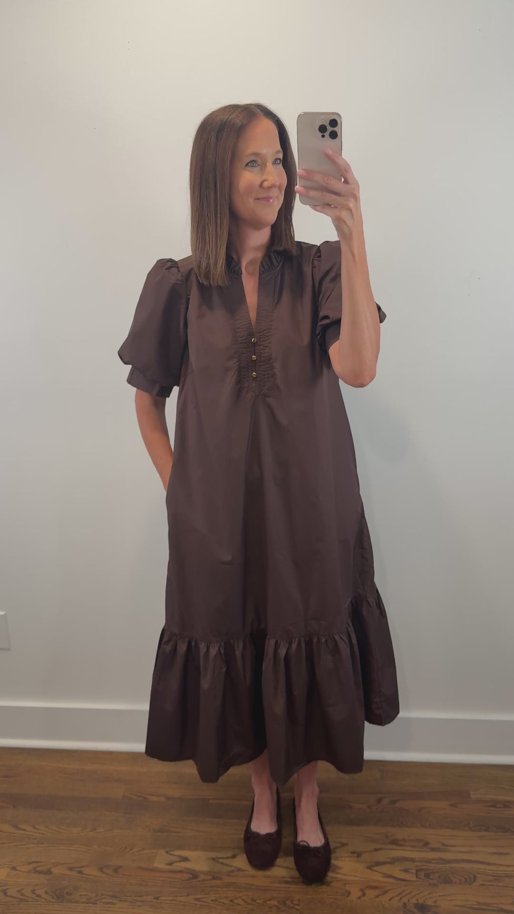The Walnut Dress | Espresso Puff Sleeve Midi Dress