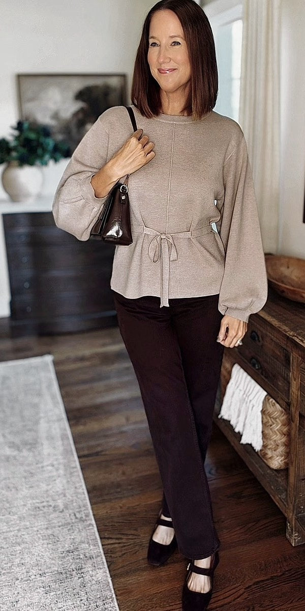 Taupe tie-waist sweater with brown trousers